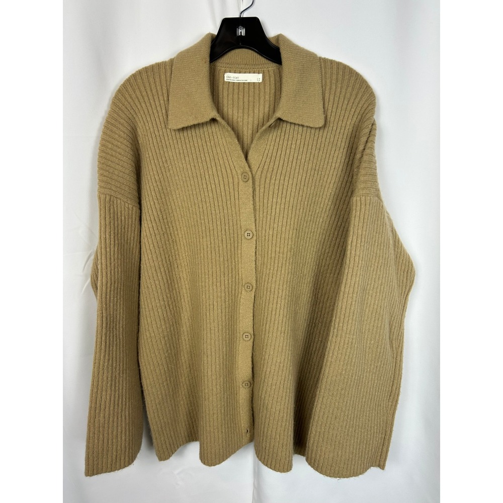 Oak + Fort Tan Ribbed Button Up Cardigan Sweater Collar Oversized Minimalist S/M